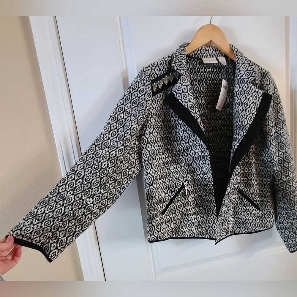 Chico’s Diamond Jacquard Moto Jacket Black/White - Women's Size 1 Medium NWT - Picture 5 of 13